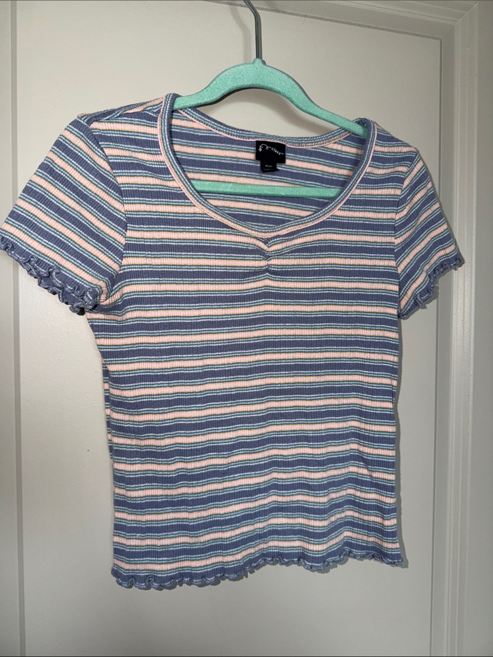 art class Pink, Blue & White Striped Ribbed V-Notch Tee